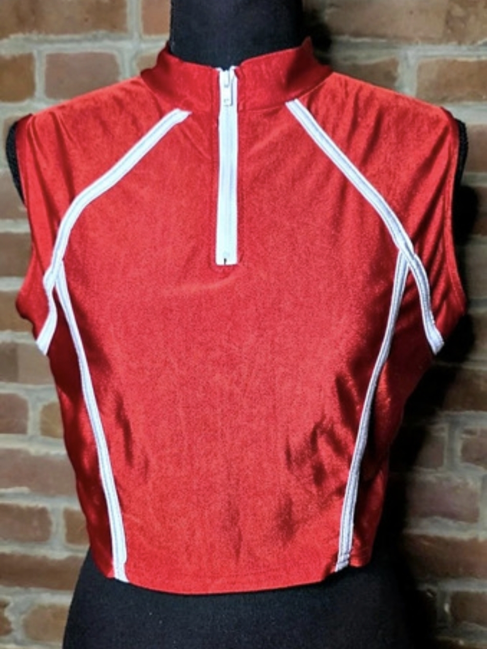 Shiny Red Quarter Zip Sleeveless Cropped Top White Trim S M